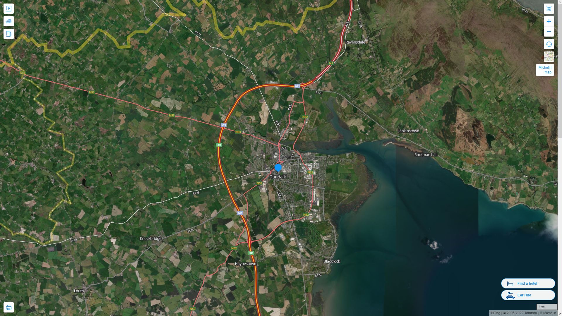 Dundalk Irlande Autoroute et carte routiere avec vue satellite